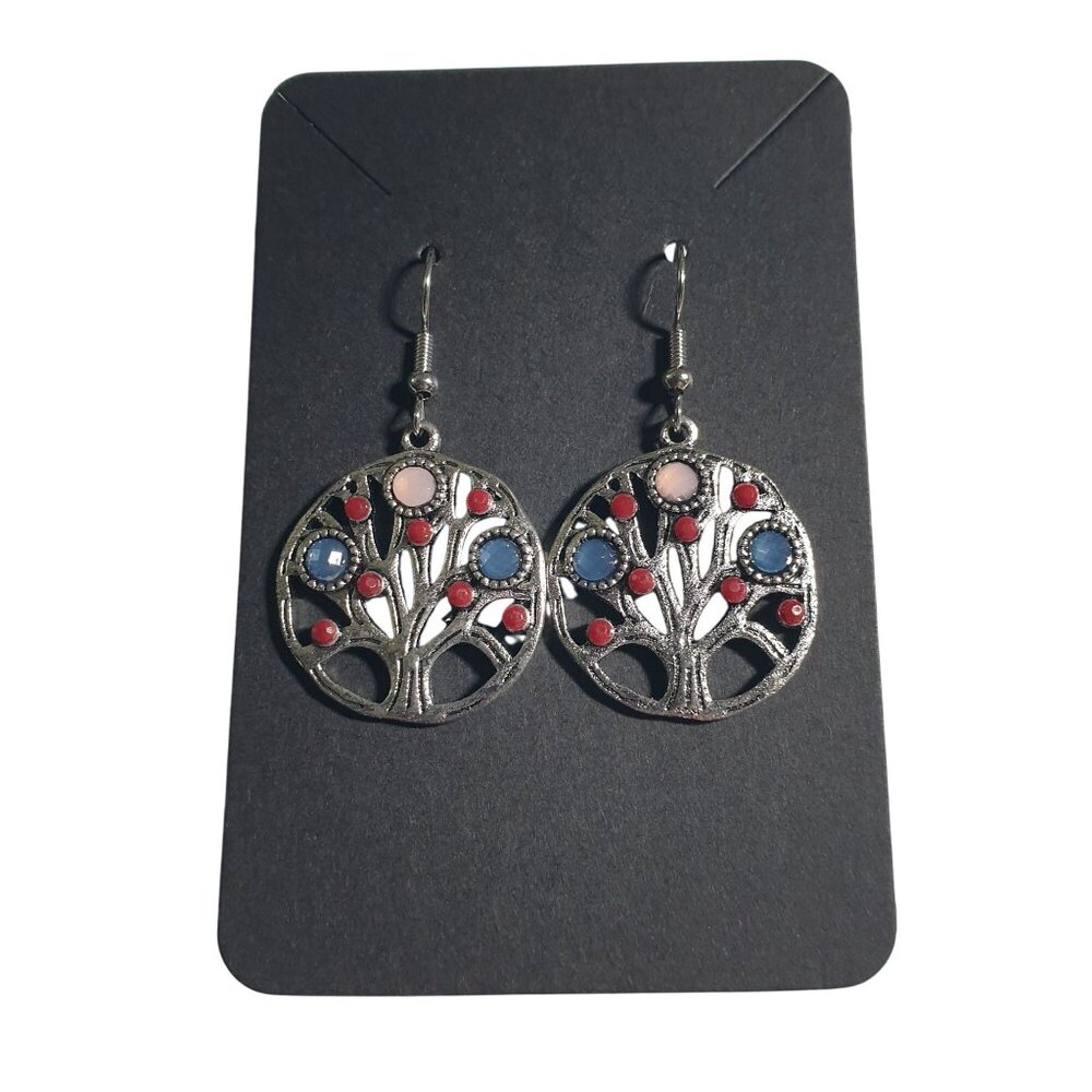 Tree Of Life Earrings Silver Tone Red Blue Pink Dangle Hook Jewelry Boho Gift
